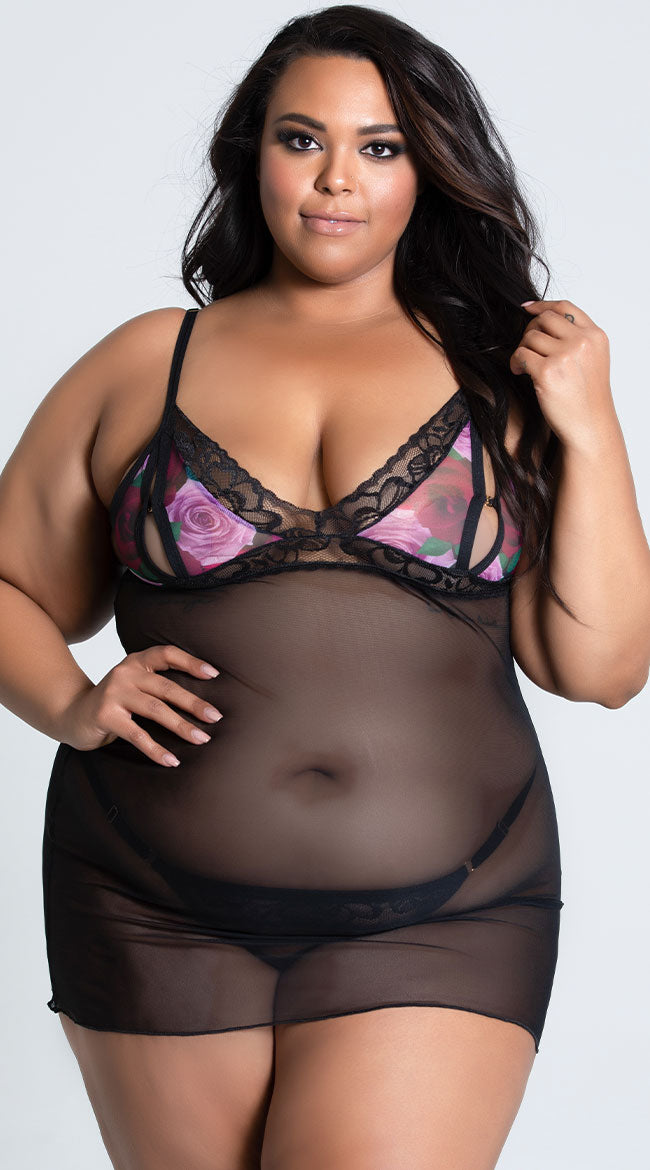 Plus Size Black Floral Lace Mesh Babydoll Set