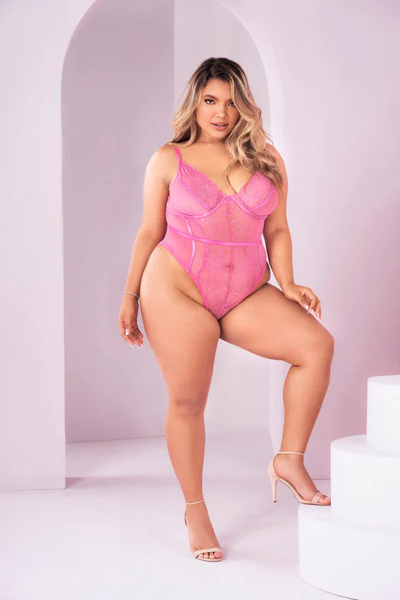 Sunset Pink Floral Lace and Mesh Bodysuit