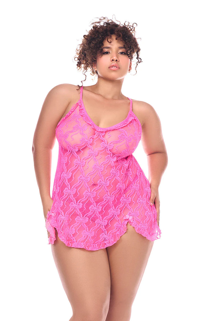 Curvy model posing in Cotton Candy Kisses Babydoll – sheer pink lace lingerie front view | Curvy Bombshells