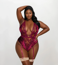 Fine Wine Velvet Lace Teddy with plunging V neckline, velvet and lace details, and adjustable garter straps