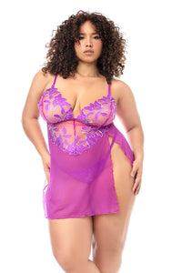 Plus size model wearing Fuchsia Fantasy Babydoll in sheer mesh with floral embroidery, front view