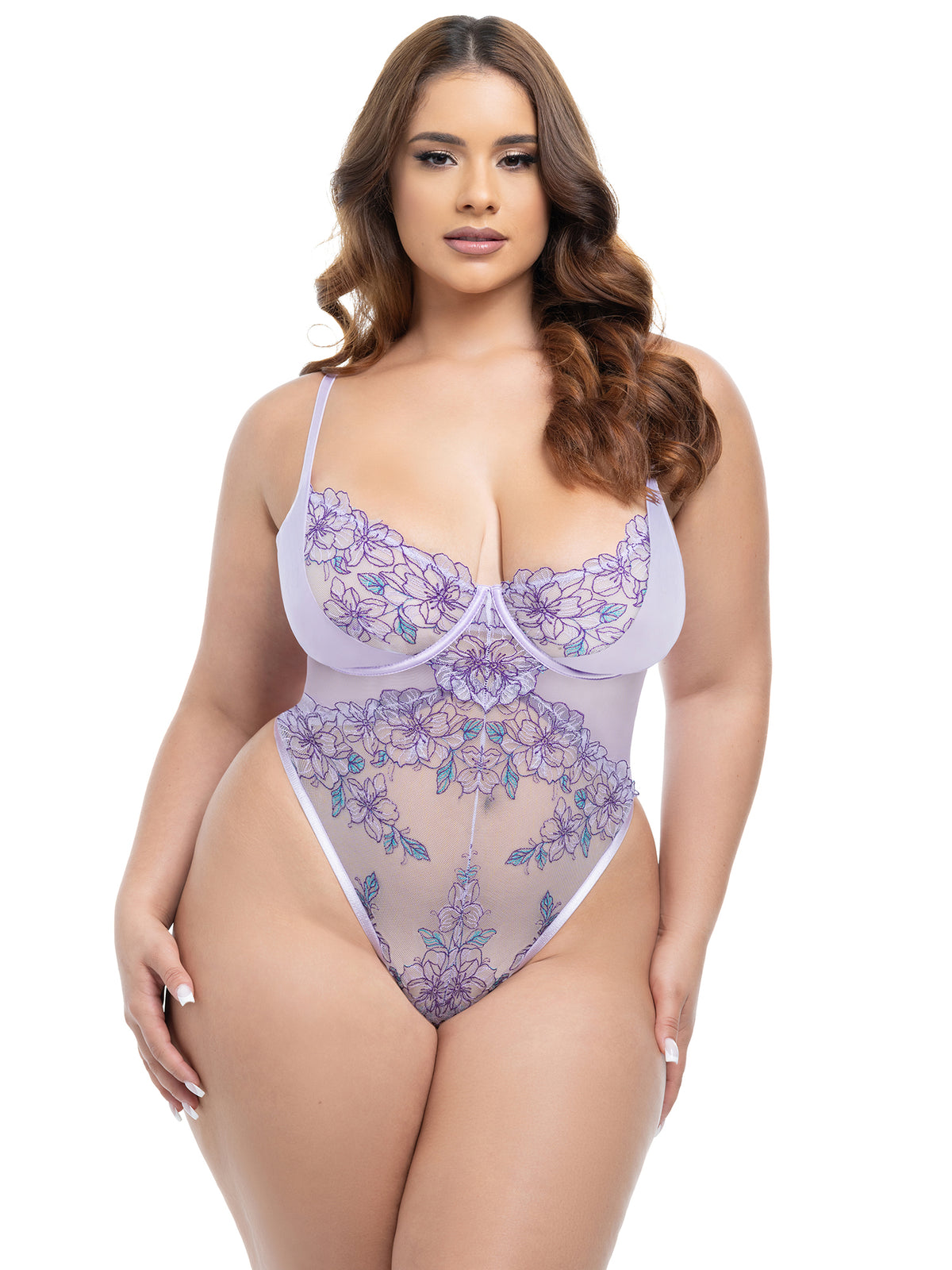 Plus size model wearing Lavender Muse Teddy featuring lavender floral embroidery, unlined underwire cups, and sheer mesh design.