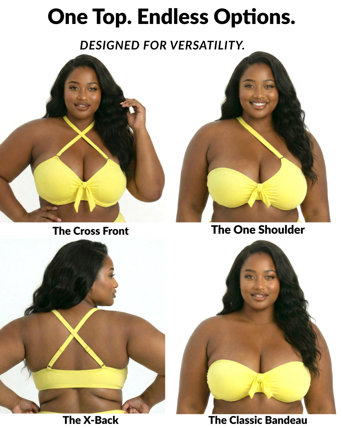 Lemon Drop bikini top showing 4 ways to wear including cross front, one shoulder, x-back, and bandeau styles