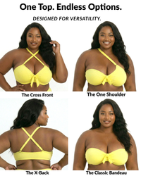 Lemon Drop bikini top showing 4 ways to wear including cross front, one shoulder, x-back, and bandeau styles
