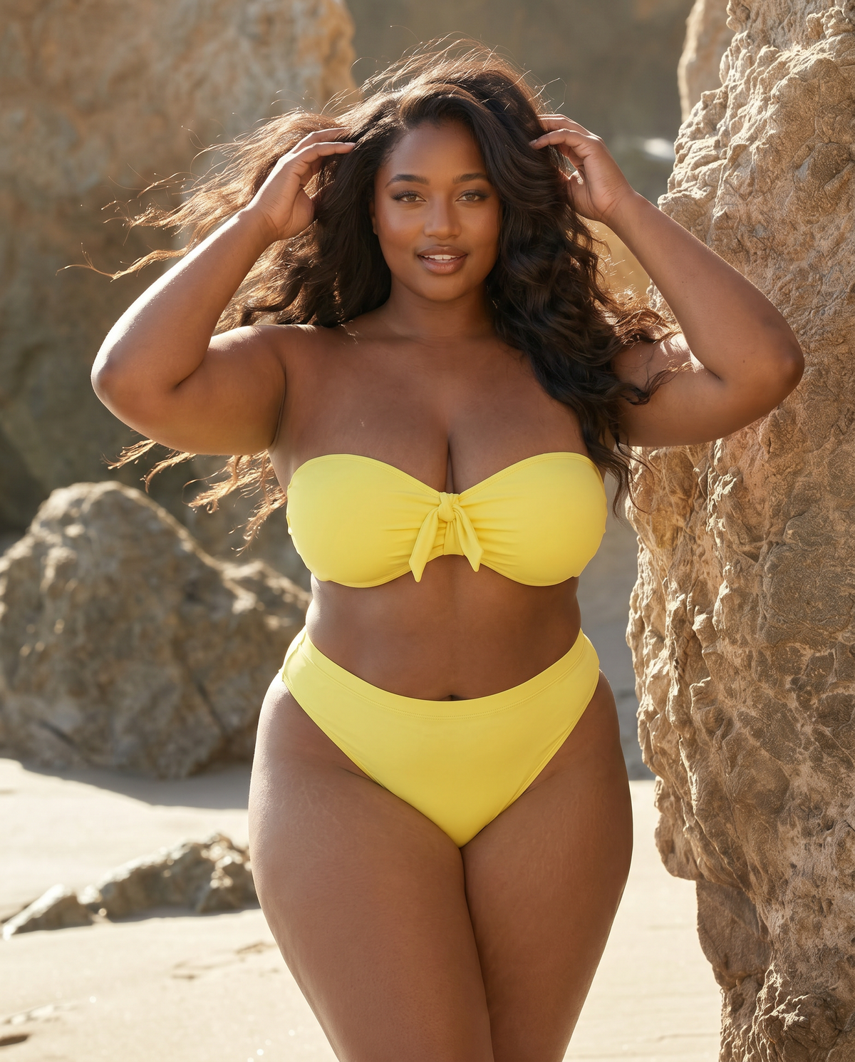 Plus size model wearing Lemon Drop yellow bandeau bikini posing on the beach near rocks in sunlight
