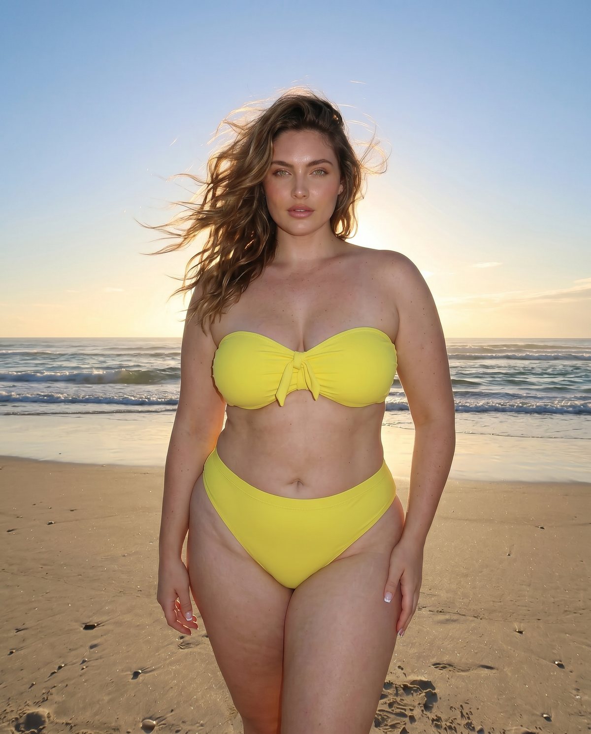 Plus size model wearing Lemon Drop yellow bandeau bikini standing on the beach at sunset with ocean waves behind