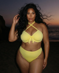 Lemon Drop plus size yellow criss cross halter bikini at sunset beach
