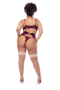 Back view of Merlot Waves 3 Piece Lingerie Set showing lace detail and adjustable straps.