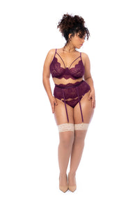 Plus Size Model wearing Merlot Waves 3 Piece Lingerie Set in burgundy lace featuring underwire top, garter belt, and thong