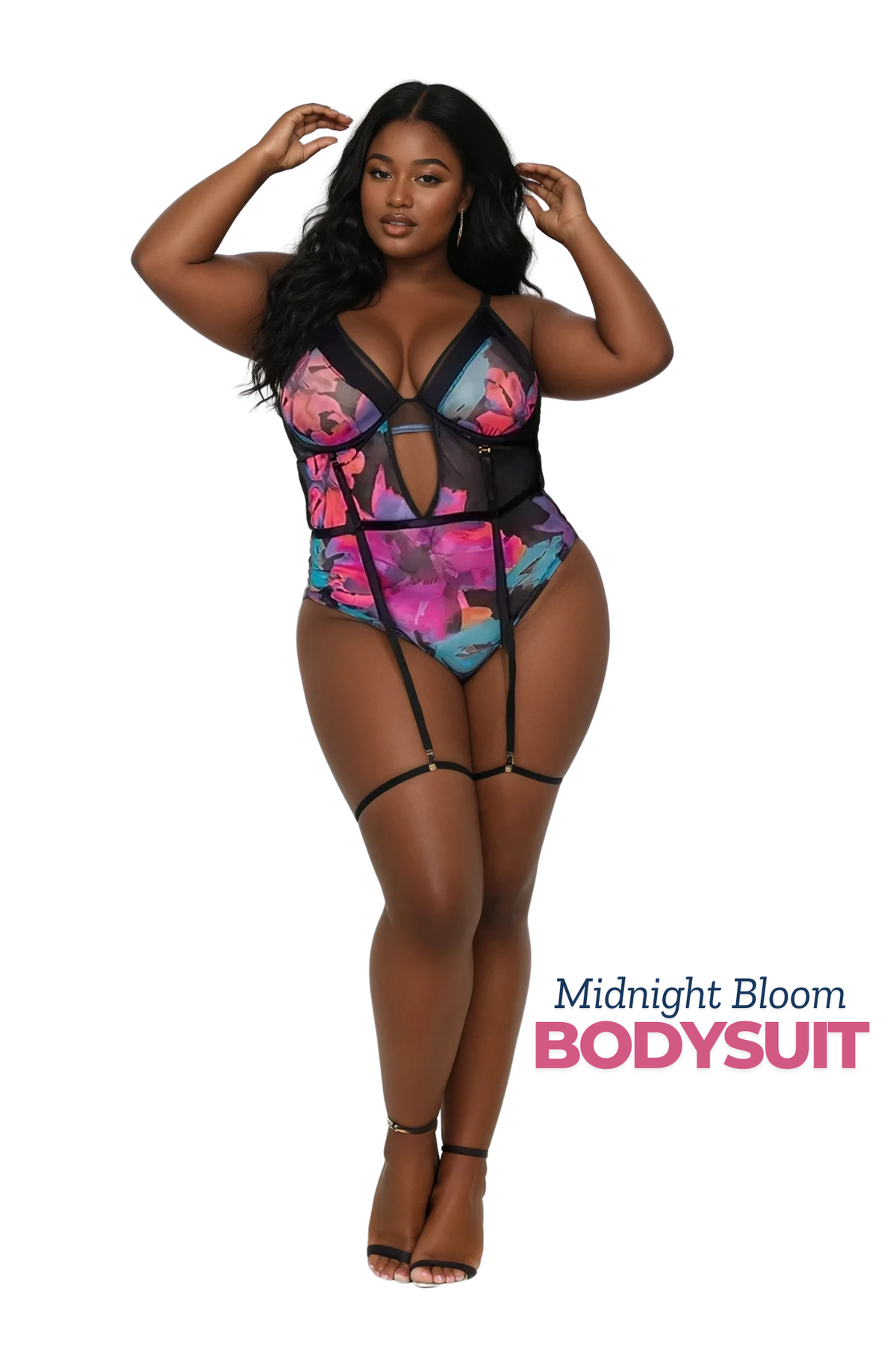 Plus size floral lace bodysuit with garter straps from Curvy Bombshells