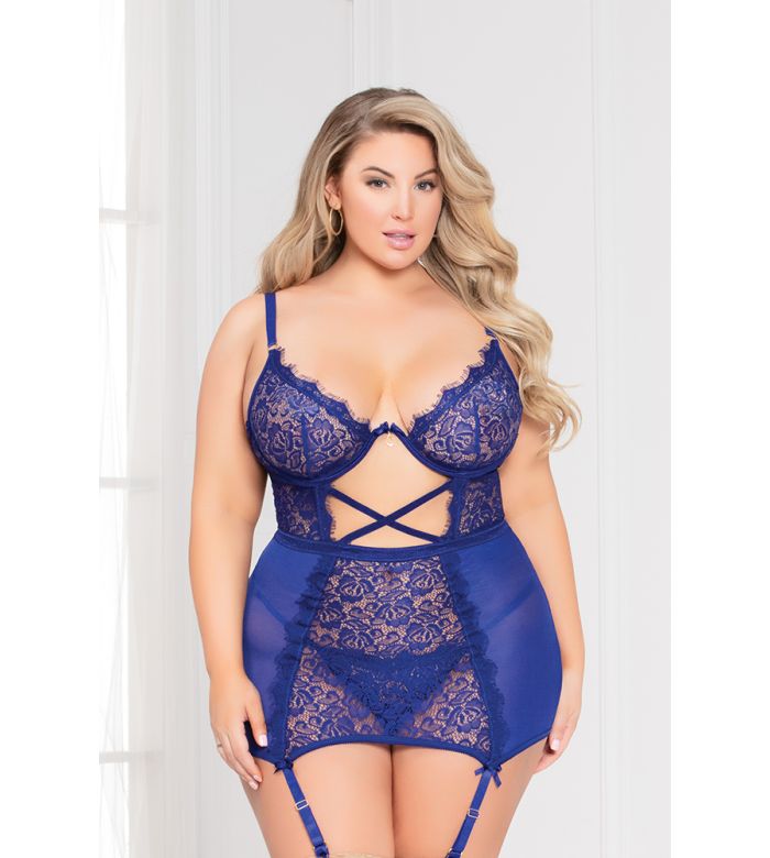 Plus size navy lace and mesh two piece chemise set with underwire cups and garter details