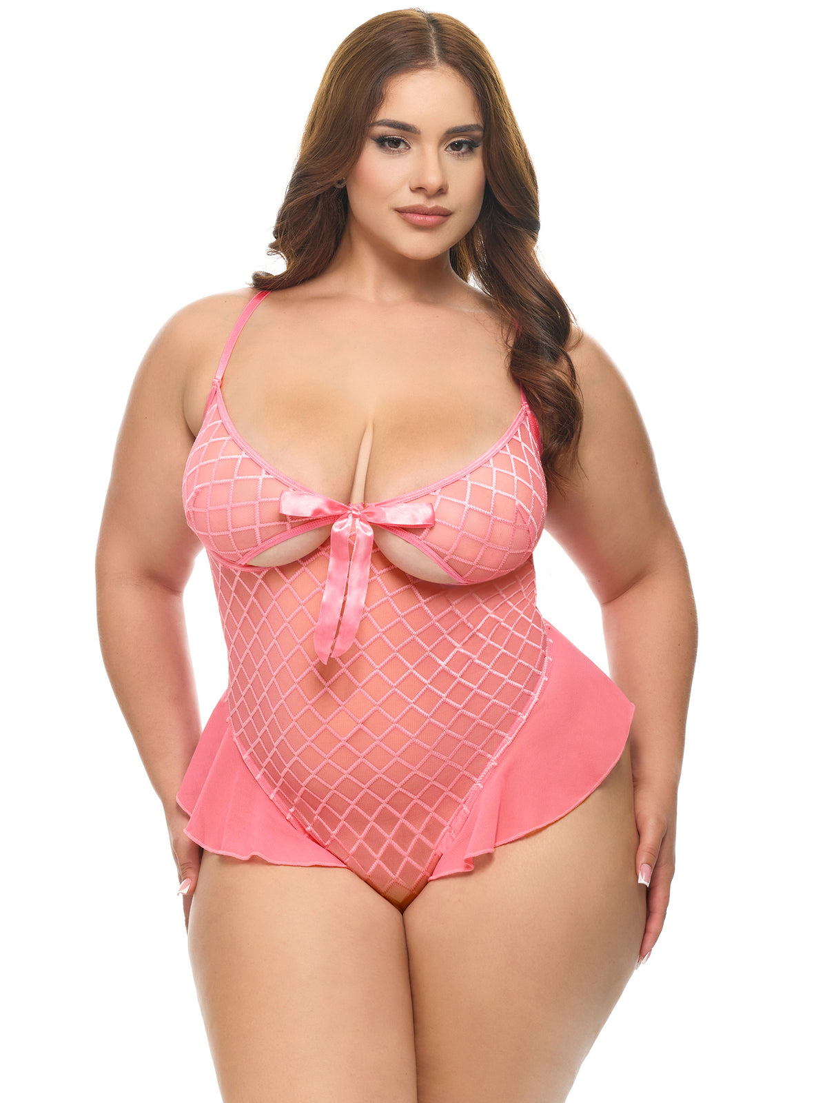 Plus Size Model wearing Pink Temptation Cutout Teddy featuring sheer flocked diamond mesh, open cutout cups, satin bow detail, and ruffle trim