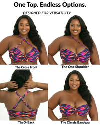 Purple Blaze bikini top showing 4 ways to wear including cross front, one shoulder, x-back, and bandeau styles