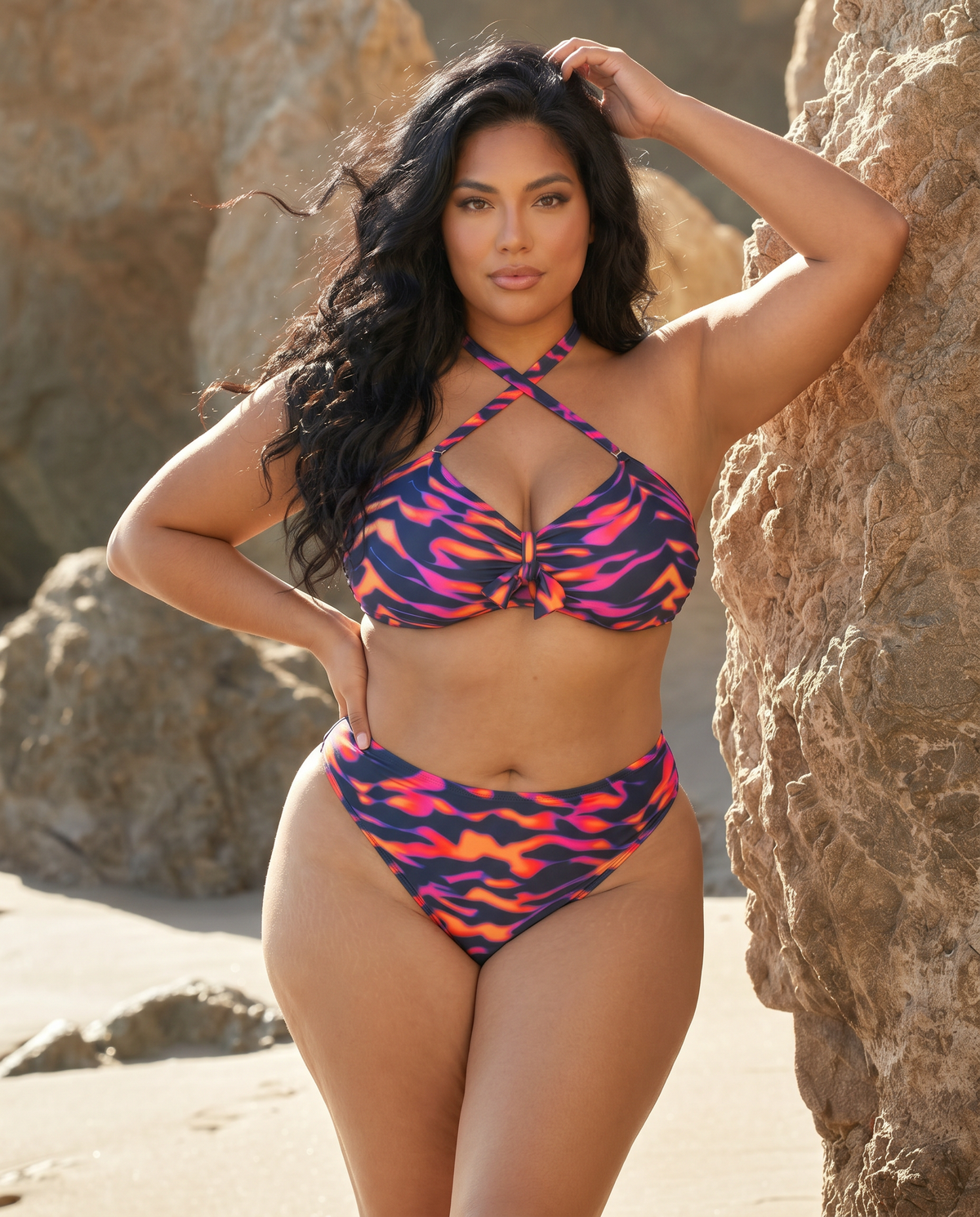 Plus size model wearing Purple Blaze flame print bikini posing on the beach near rocks with ocean backdrop