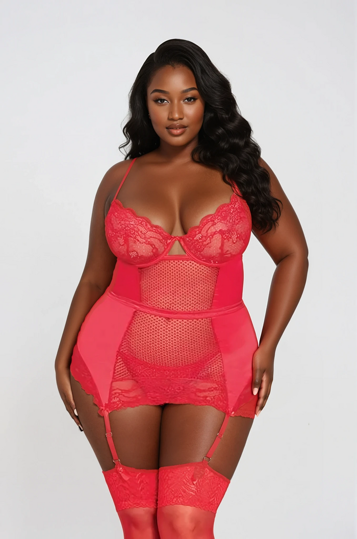 Plus size red lace chemise lingerie set with underwire cups, satin waistband, and sheer textured mesh