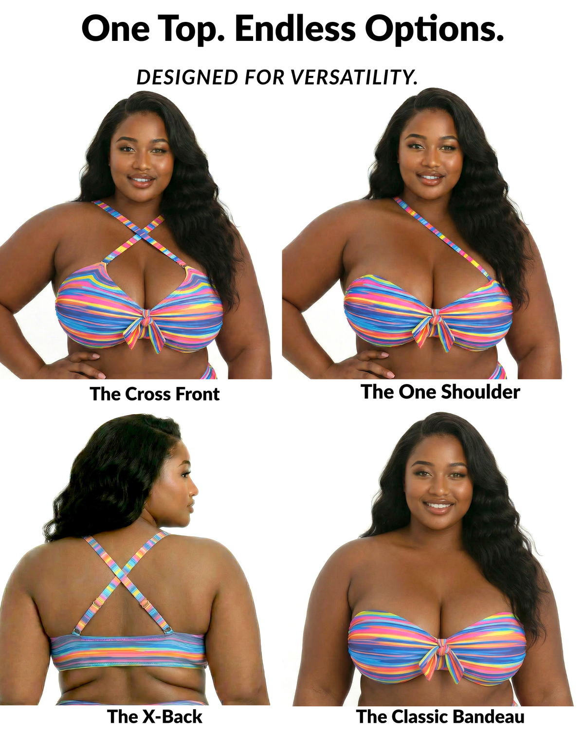 Sweet Stripes bikini top showing 4 ways to wear including cross front, one shoulder, x-back, and bandeau styles