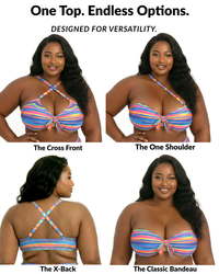 Sweet Stripes bikini top showing 4 ways to wear including cross front, one shoulder, x-back, and bandeau styles