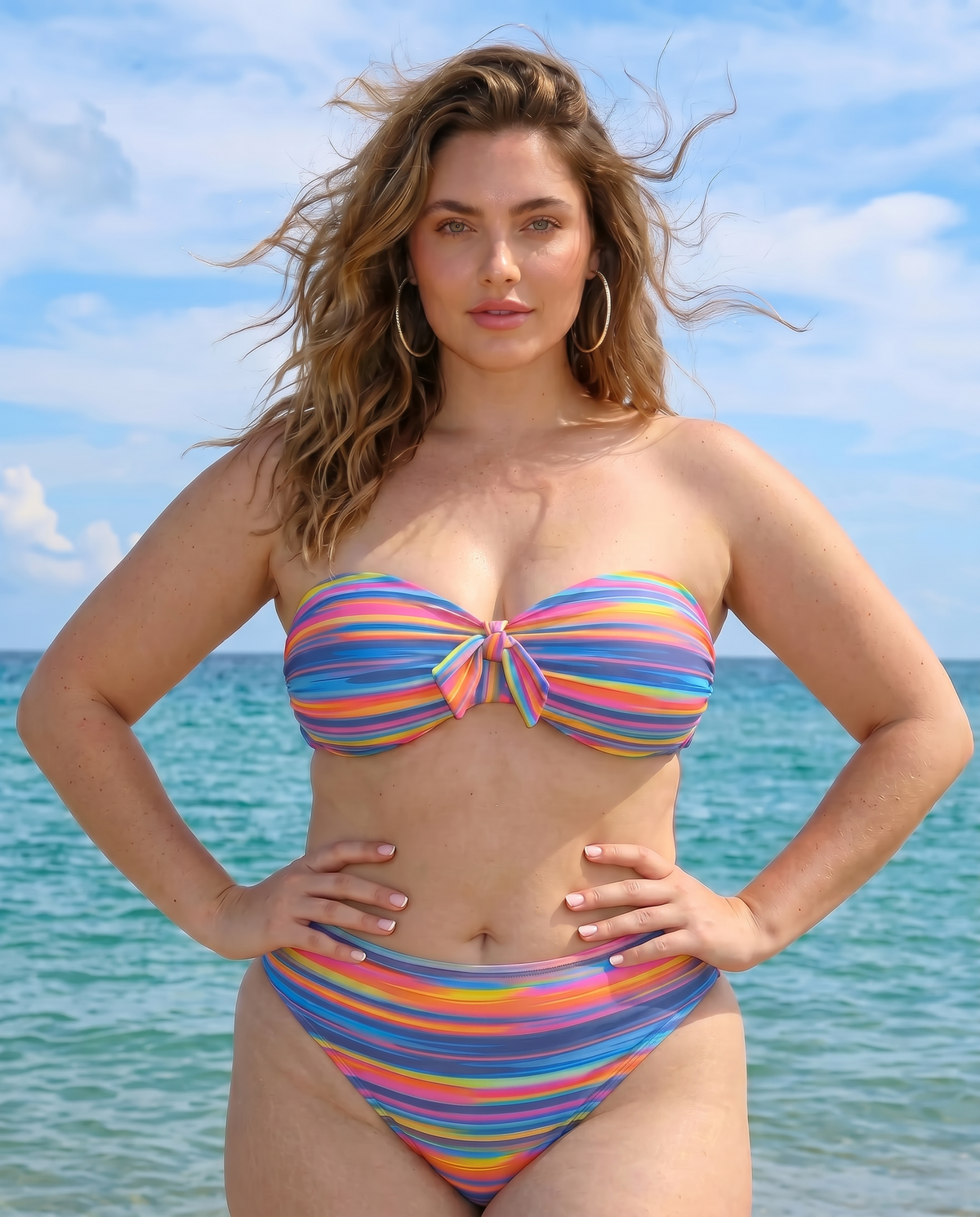 Plus size model wearing Sweet Stripes rainbow striped bandeau bikini standing in front of the ocean on the beach