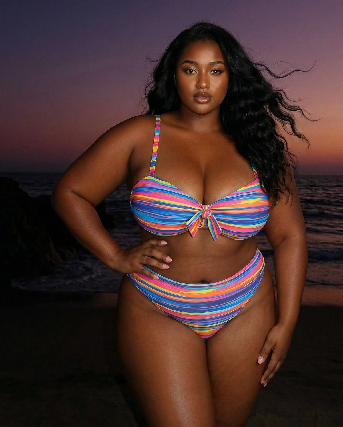 Sweet Stripes plus size rainbow striped bikini with underwire top and high waisted bottoms at sunset beach