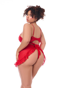 Back view of the Unwrap Me in Red Babydoll showing the flirty satin bow-tie detail and matching thong — red lace and mesh lingerie set.