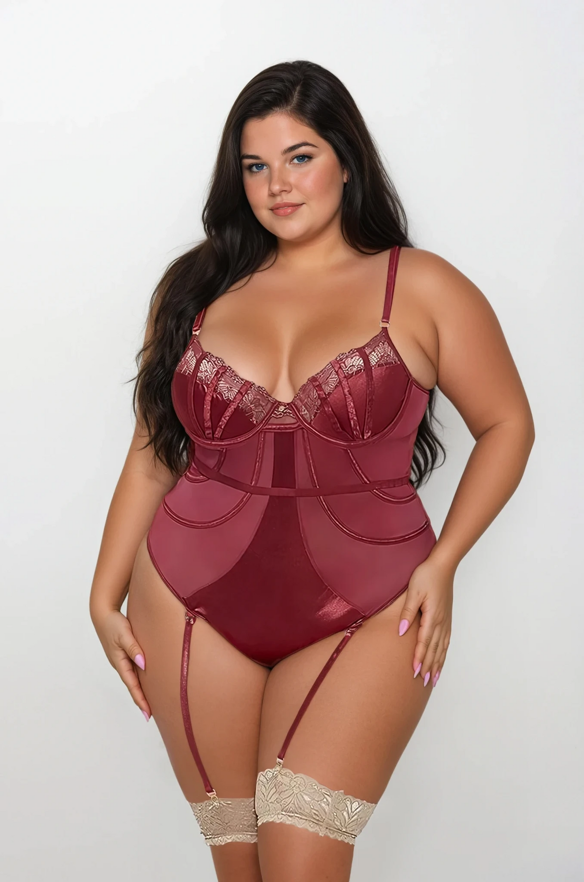 Vintage burgundy lace teddy featuring underwire cups, satin channeling, sheer mesh panels, and removable garters on a plus size model