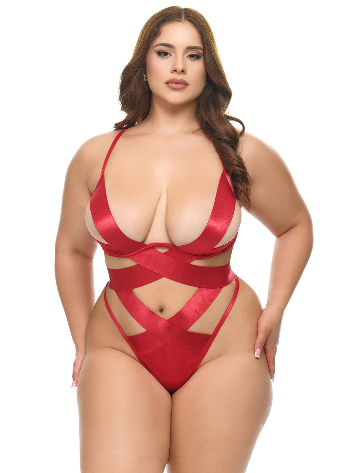 Wrapped in Cherry Red Teddy front view worn by a plus size model featuring strappy satin elastics and unlined underwire support