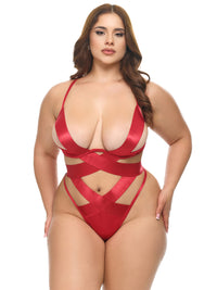 Wrapped in Cherry Red Teddy front view worn by a plus size model featuring strappy satin elastics and unlined underwire support