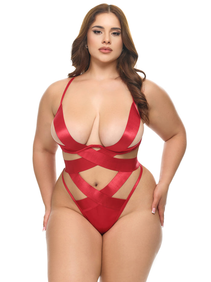 Wrapped in Cherry Red Teddy front view worn by a plus size model featuring strappy satin elastics and unlined underwire support