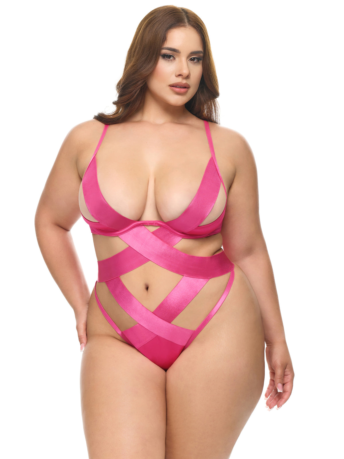 Plus Size Model wearing Wrapped in Hot Pink Teddy featuring strappy wrap-style elastics and underwire cups, front view
