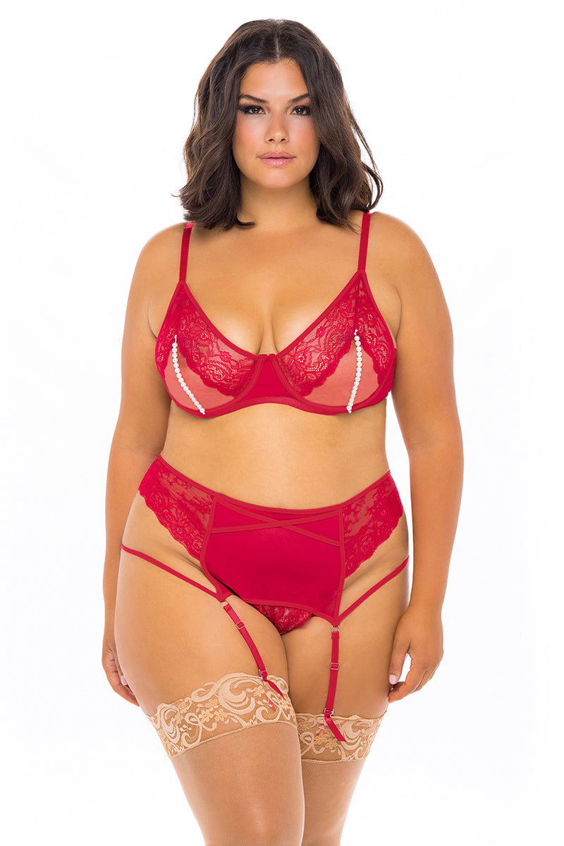 Fantasy Lace and Pearls Bra Set - Red