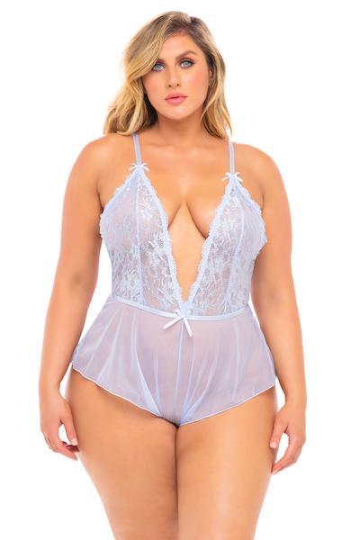Plus Size Blue Lace and Mesh Romper 