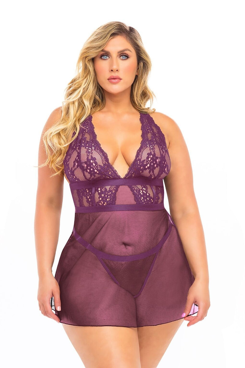 Plus Size Purple Lace and Mesh Babydoll Lingerie