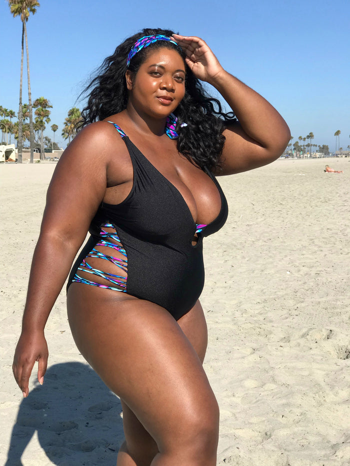 Plus-size Black Oasis Plunging One-Piece Swimsuit – Flattering and stylish swimsuit for curvy women.