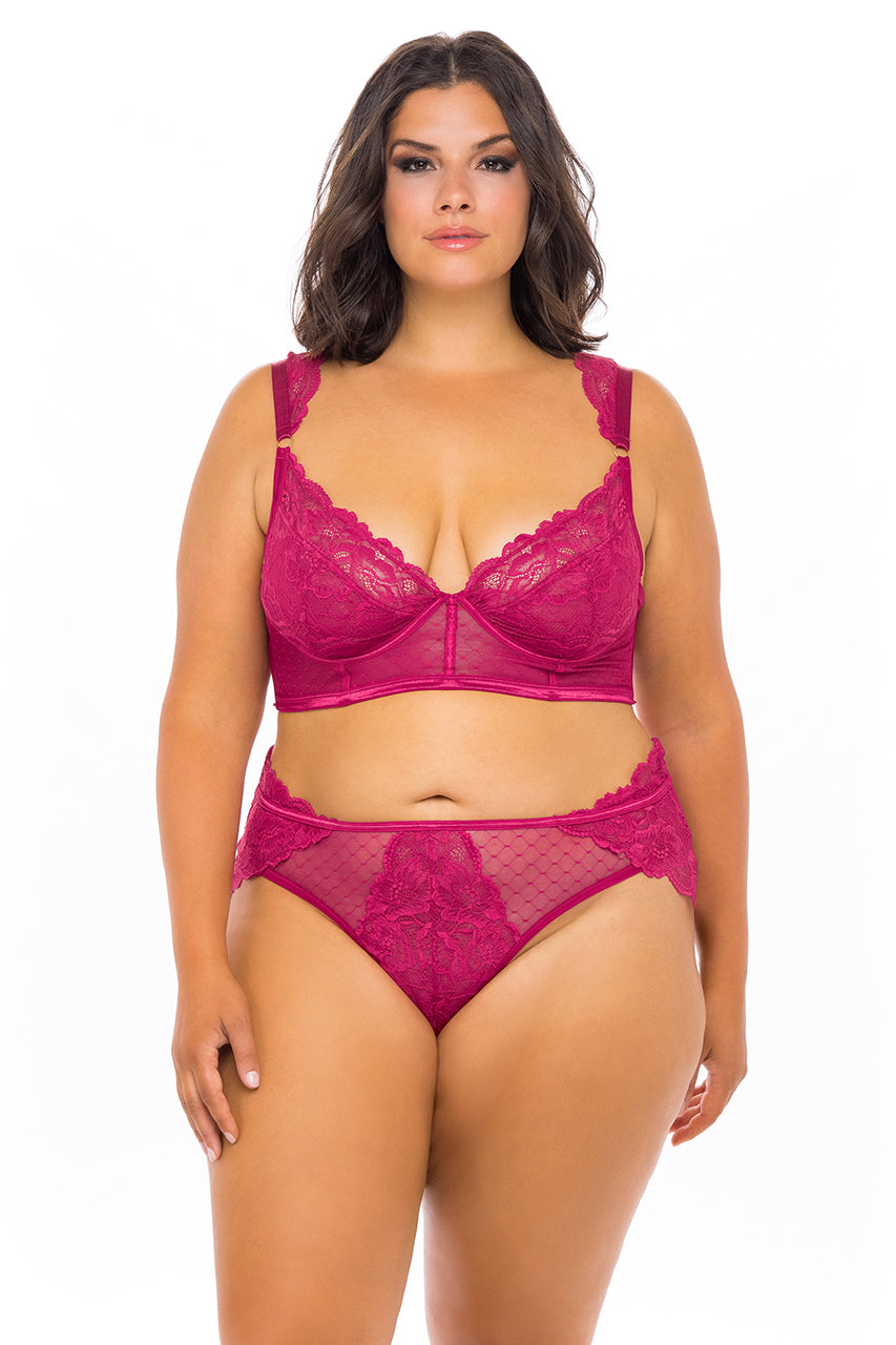 Plus size model in pink underwire lace bra and matching panty with mesh detailing